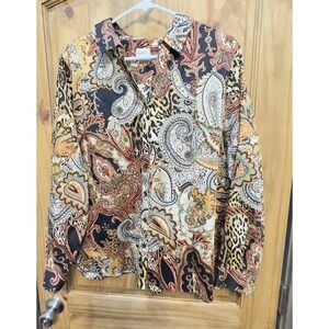 Chico's Size 3 Button Down Blouse Paisley Leopard‎ Print Boho No Iron Shirt XL